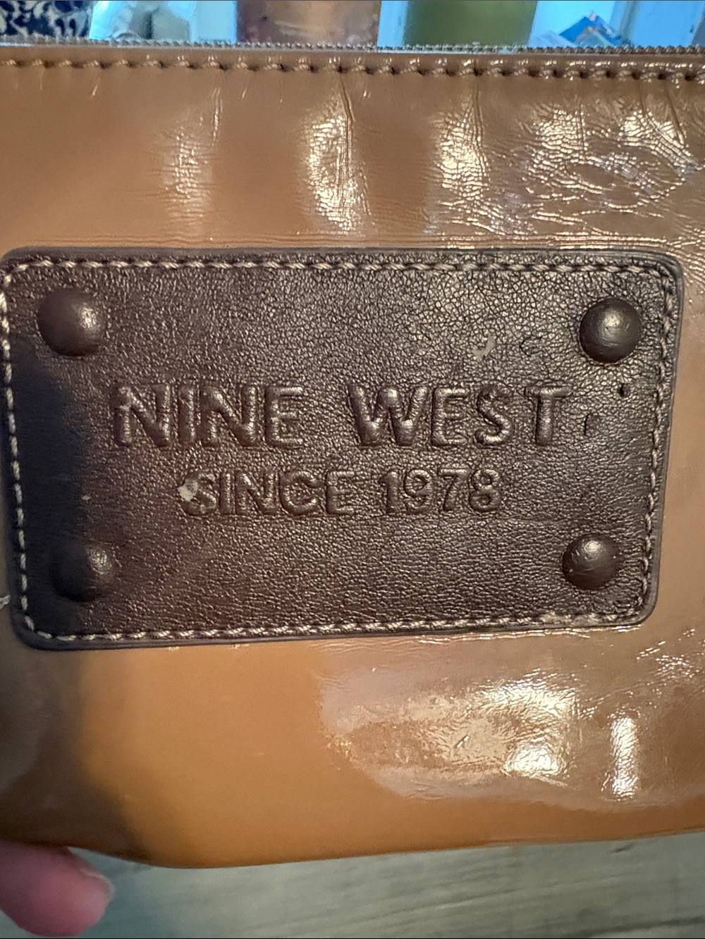 Nine West Patent Zip Pouch in Caramel and Dark Brown - Picture 2 of 5